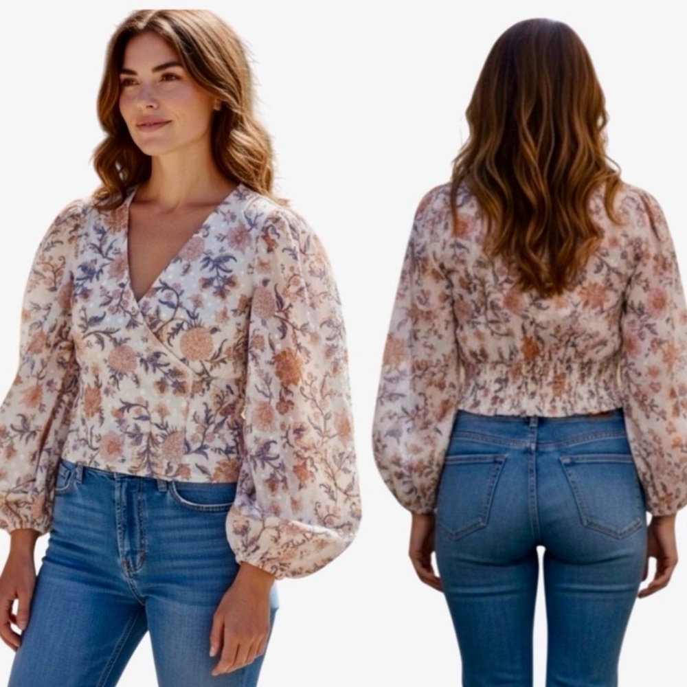 Joie Floral Wrap Blouse Smocked Back Size L Sheer 3/4 Sleeve Boho Romantic